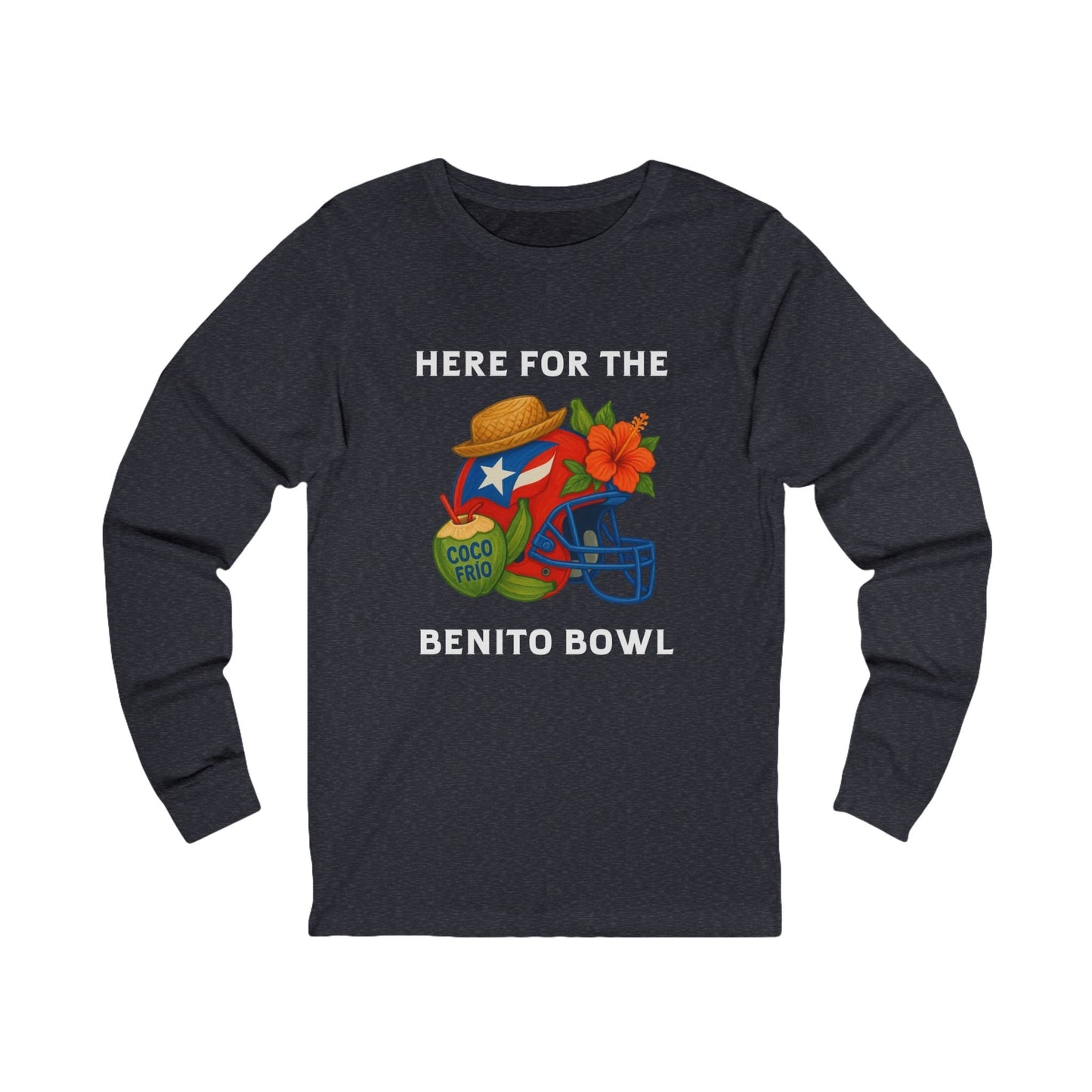 Bad Bunny Puerto Rican Football Helmet Long Sleeve Tee (Red Helmet) | Bad Bunny Merch | Bad Bunny NFL Super Bowl Merch
