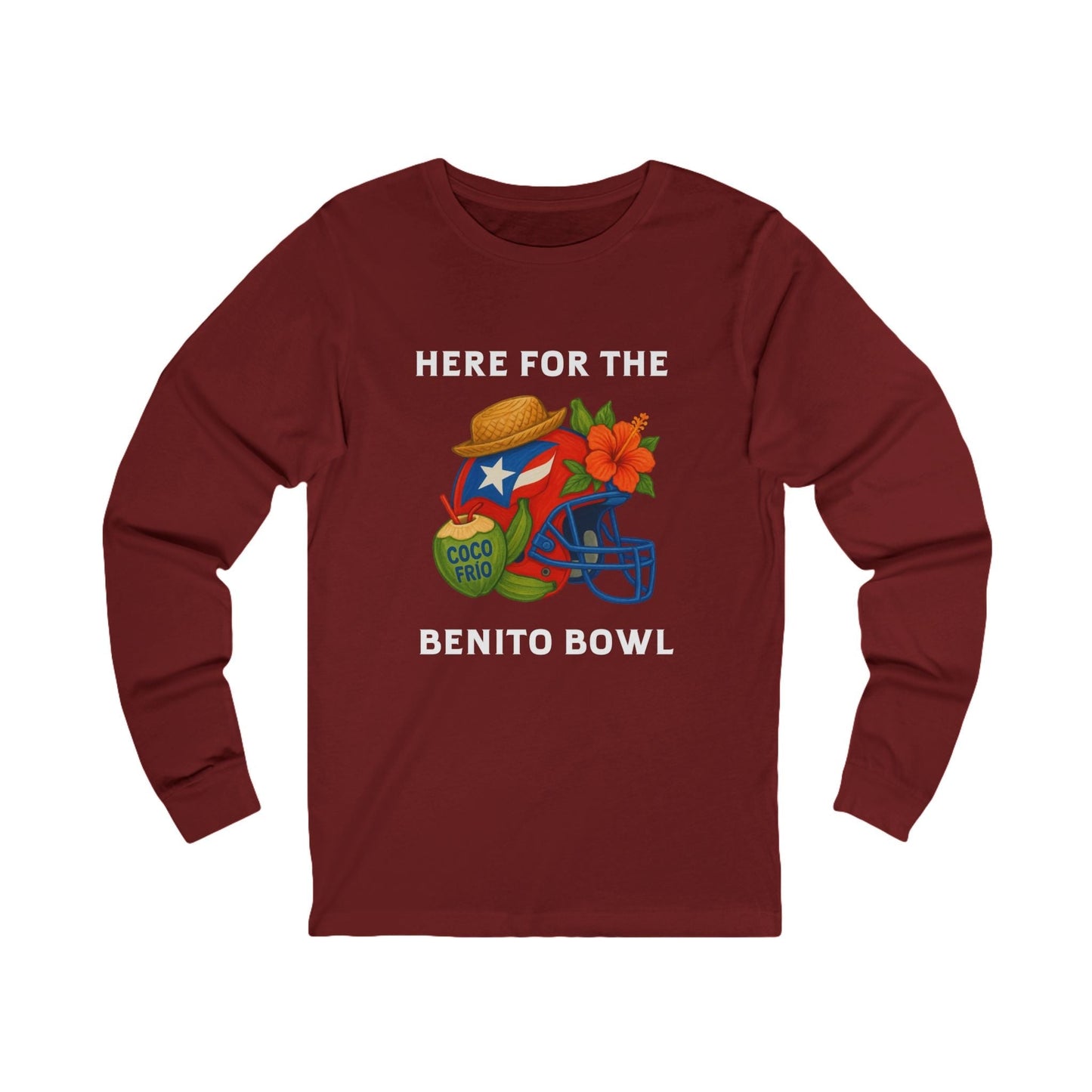 Bad Bunny Puerto Rican Football Helmet Long Sleeve Tee (Red Helmet) | Bad Bunny Merch | Bad Bunny NFL Super Bowl Merch
