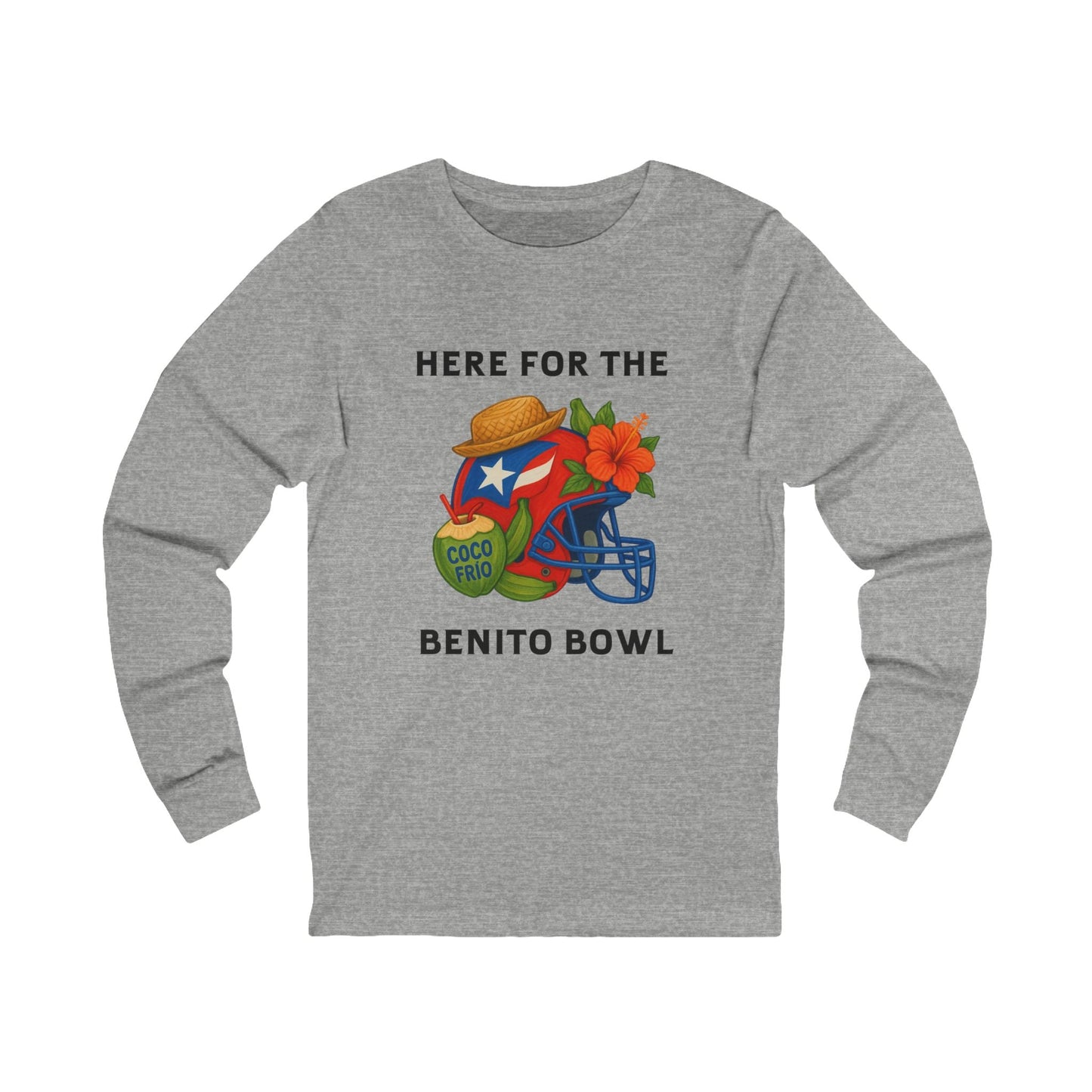 Bad Bunny Puerto Rican Football Helmet Long Sleeve Tee (Red Helmet) | Bad Bunny Merch | Bad Bunny NFL Super Bowl Merch