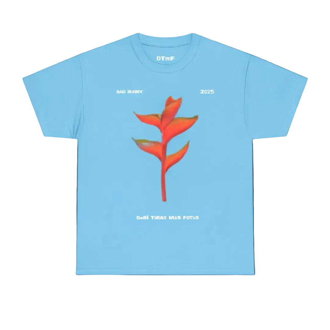 Light blue t-shirt with a red flower graphic and text on a solid blue background