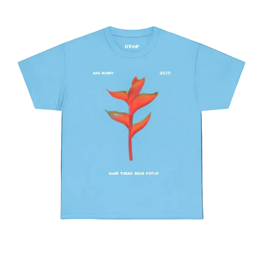 Light blue t-shirt with a red flower graphic and text on a solid blue background