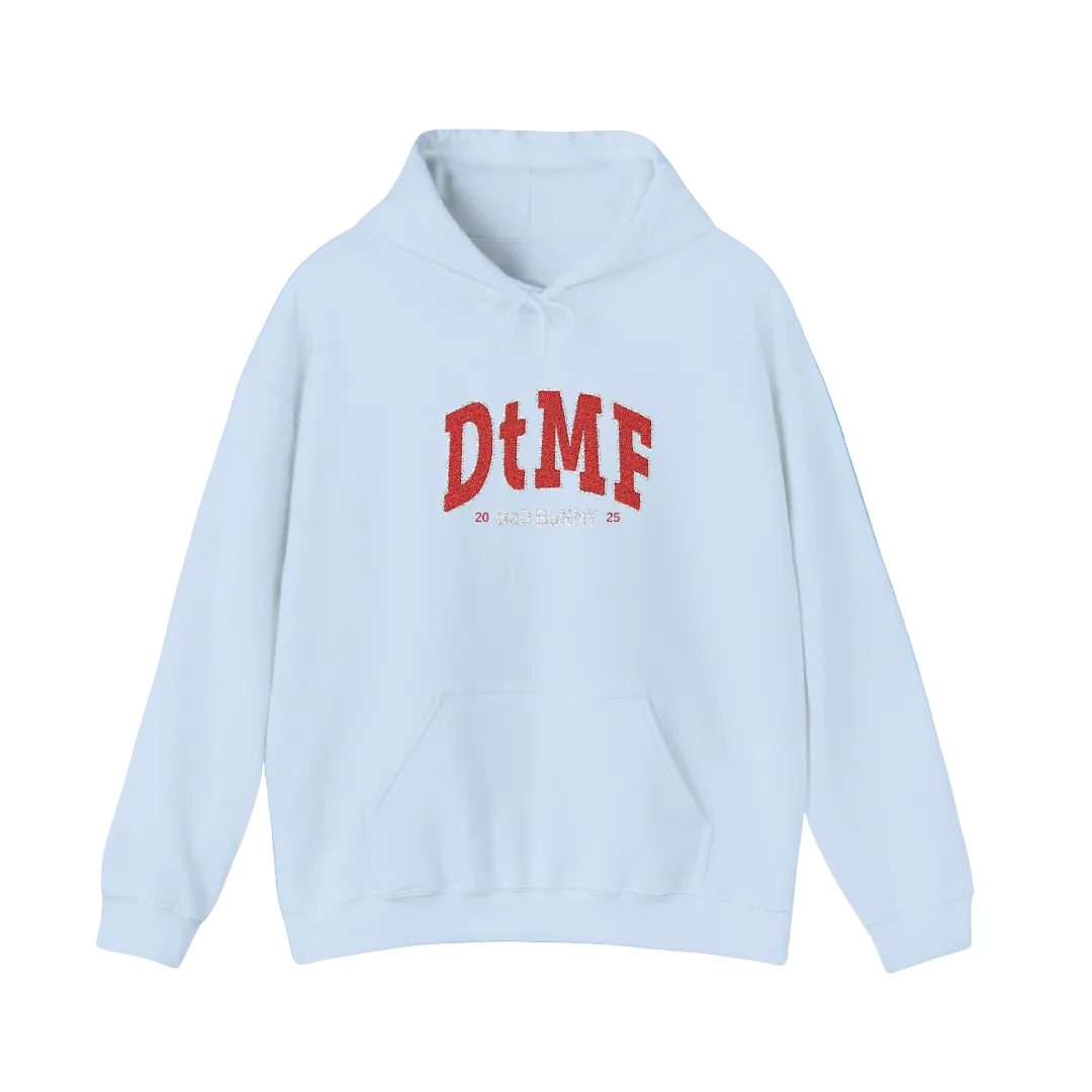 Light blue hoodie with red 'DtMF' text on a blue background