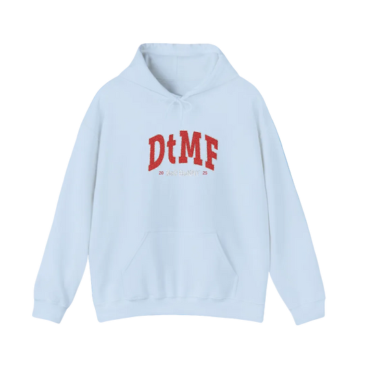 Light blue hoodie with red 'DtMF' text on a blue background