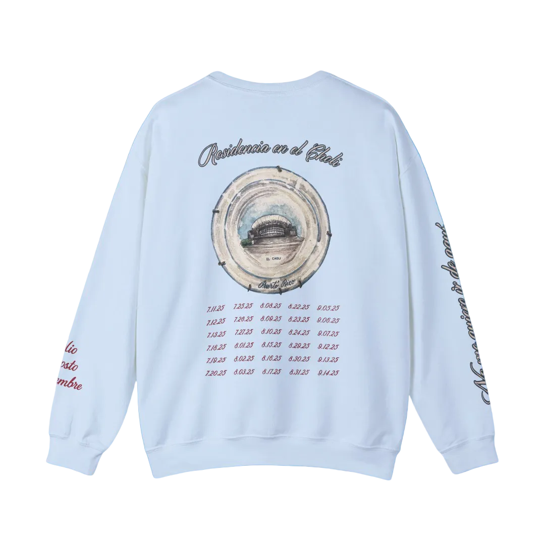 Light blue sweatshirt with a circular design and text on the back against a blue background