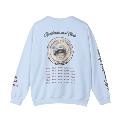 Light blue sweatshirt with a circular design and text on the back against a blue background