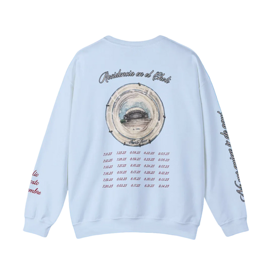 Light blue sweatshirt with a circular design and text on the back against a blue background