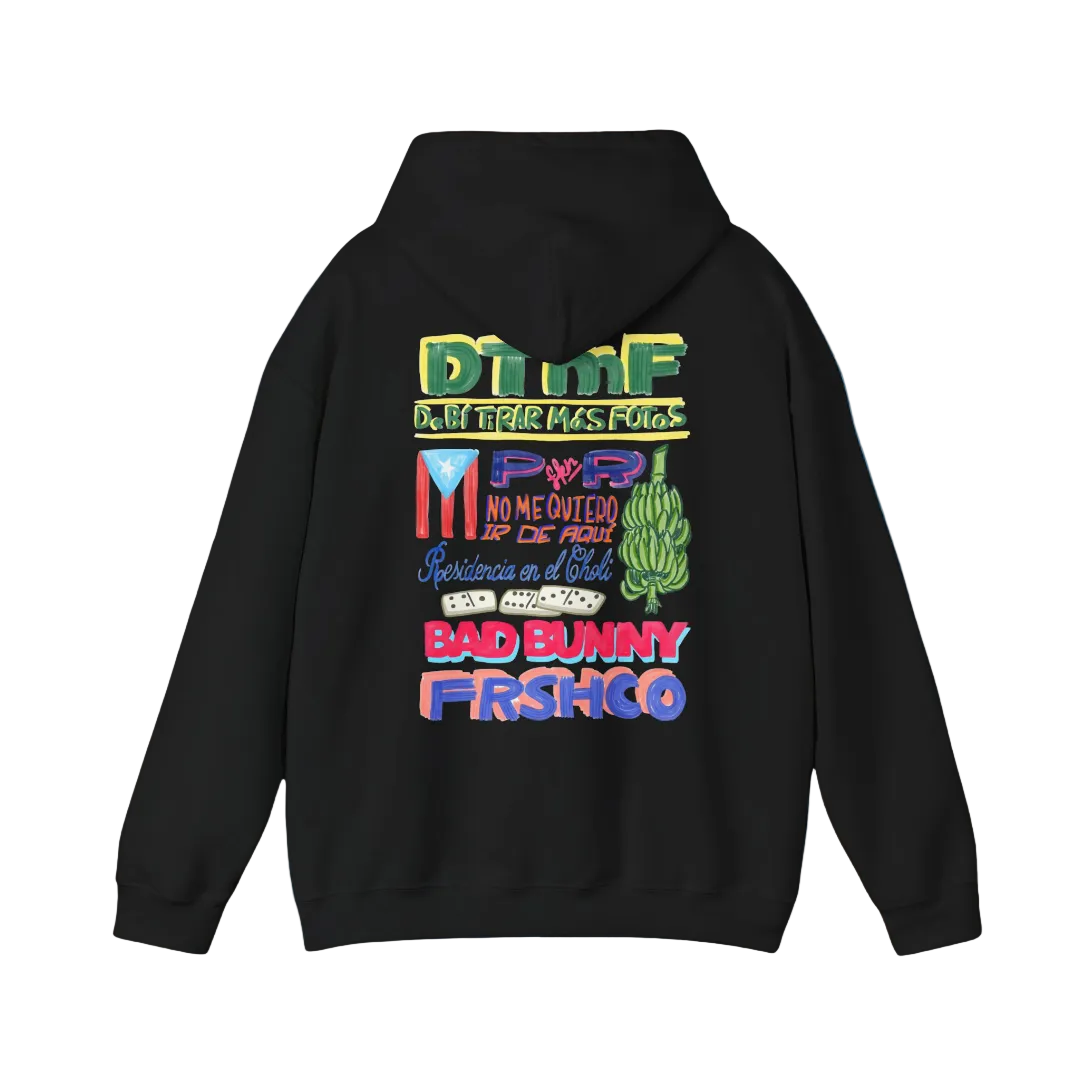 Black hoodie with colorful graphics and text on the back against a blue background