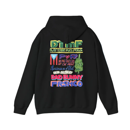 Black hoodie with colorful graphics and text on the back against a blue background