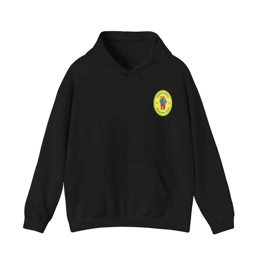 Black hoodie with a colorful logo on the chest against a blue background