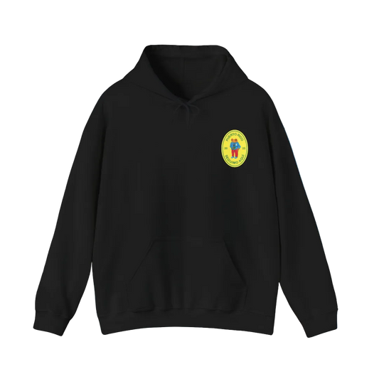 Black hoodie with a colorful logo on the chest against a blue background