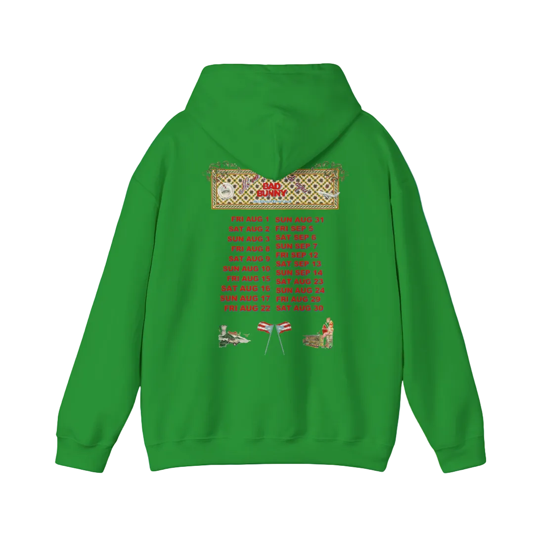 Green hoodie with intricate designs and text on the back against a blue background