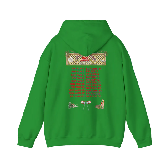 Green hoodie with intricate designs and text on the back against a blue background