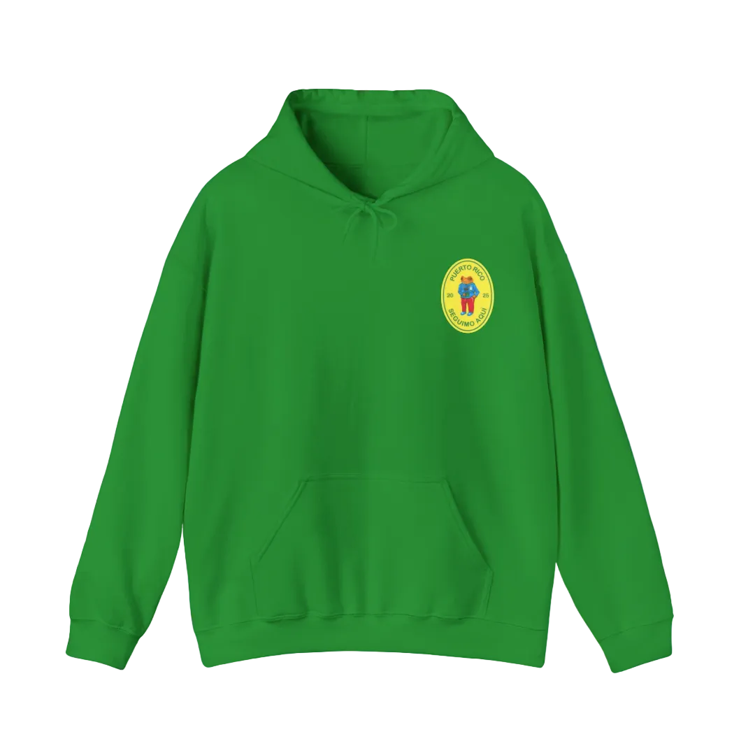 Green hoodie with a yellow logo on a blue background