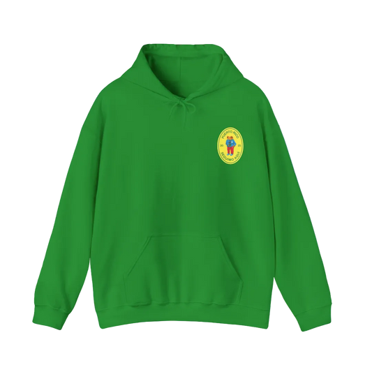 Green hoodie with a yellow logo on a blue background
