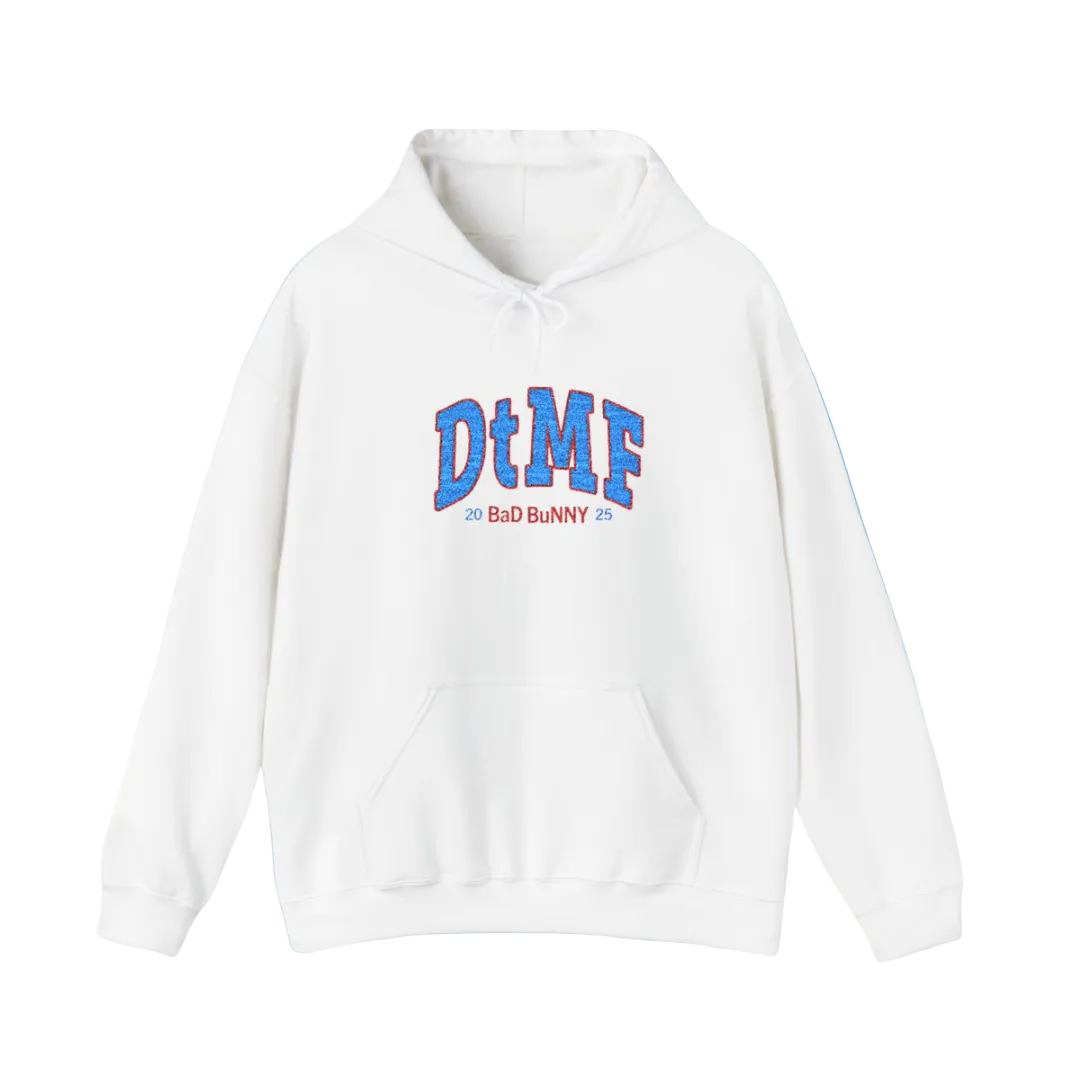 White hoodie with 'DtME' text on a blue background