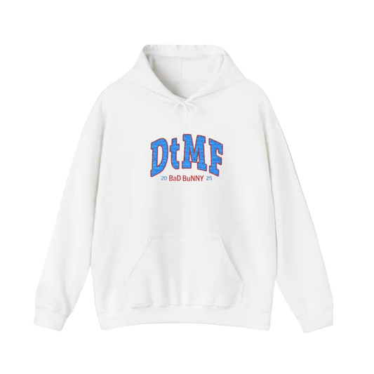 White hoodie with 'DtME' text on a blue background